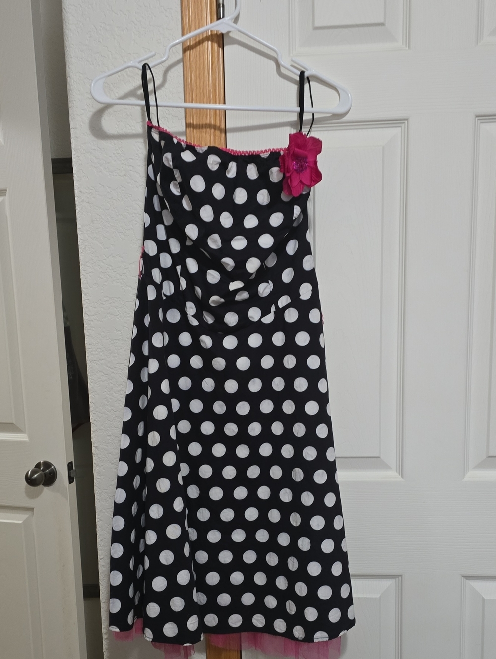 Ruby Rox Black and White Polka Dot Strapless Dress with Pink Accent